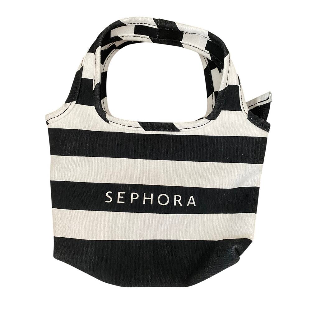 Sephora Favorites Mini Canvas Tote Bag Black White Striped Zip Makeup Bag